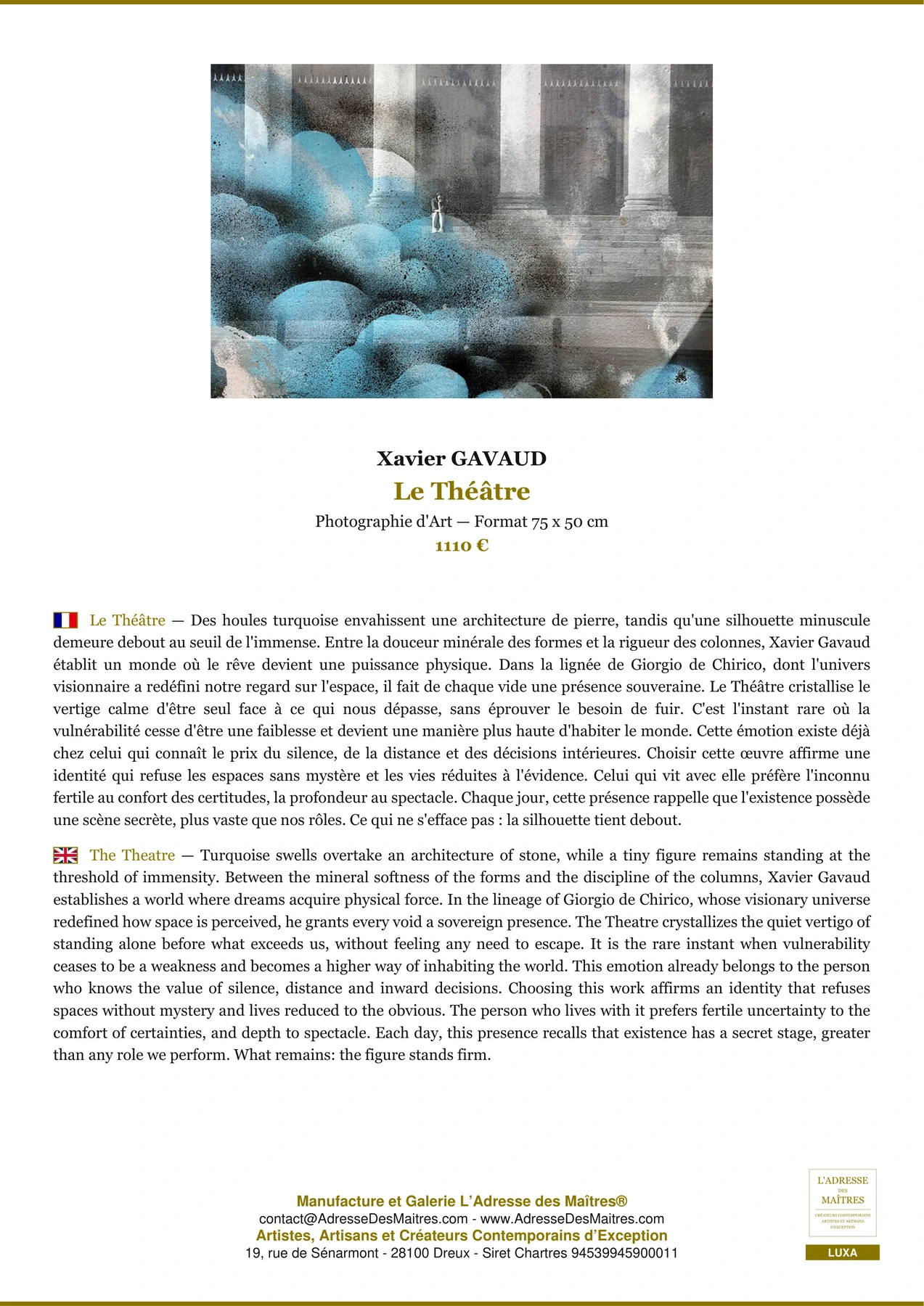 Le Théâtre — Fiche Premium, Photographie d'Art 75 x 50 cm, Xavier GAVAUD