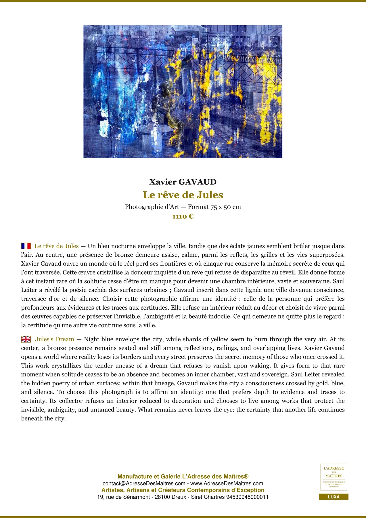 Fiche Premium - Le rêve de Jules - Xavier GAVAUD - L'Adresse des Maîtres®