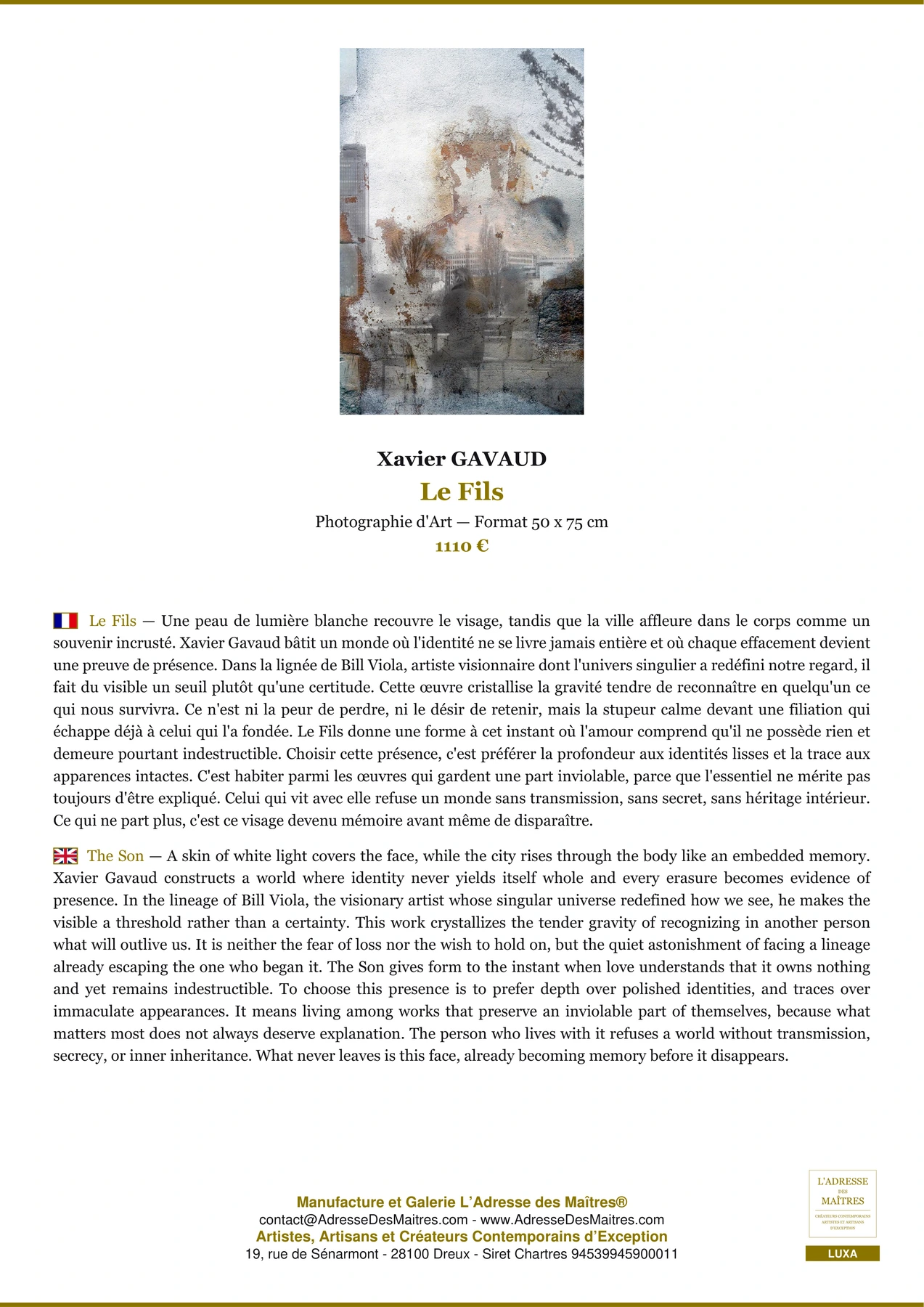 Fiche Premium - Le Fils - Xavier GAVAUD - L'Adresse des Maîtres®