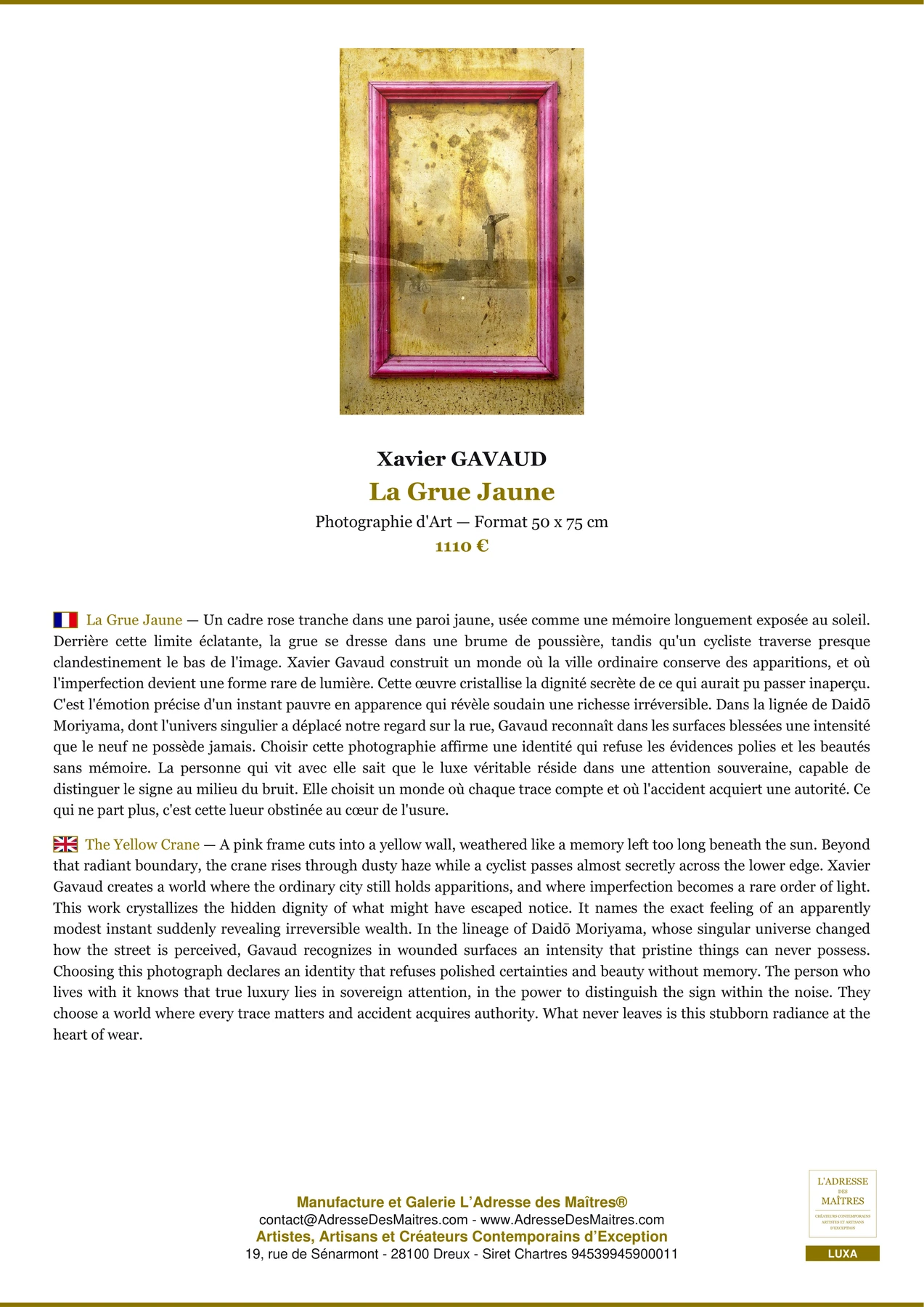 Fiche Premium - La Grue Jaune - Xavier GAVAUD - L'Adresse des Maîtres®