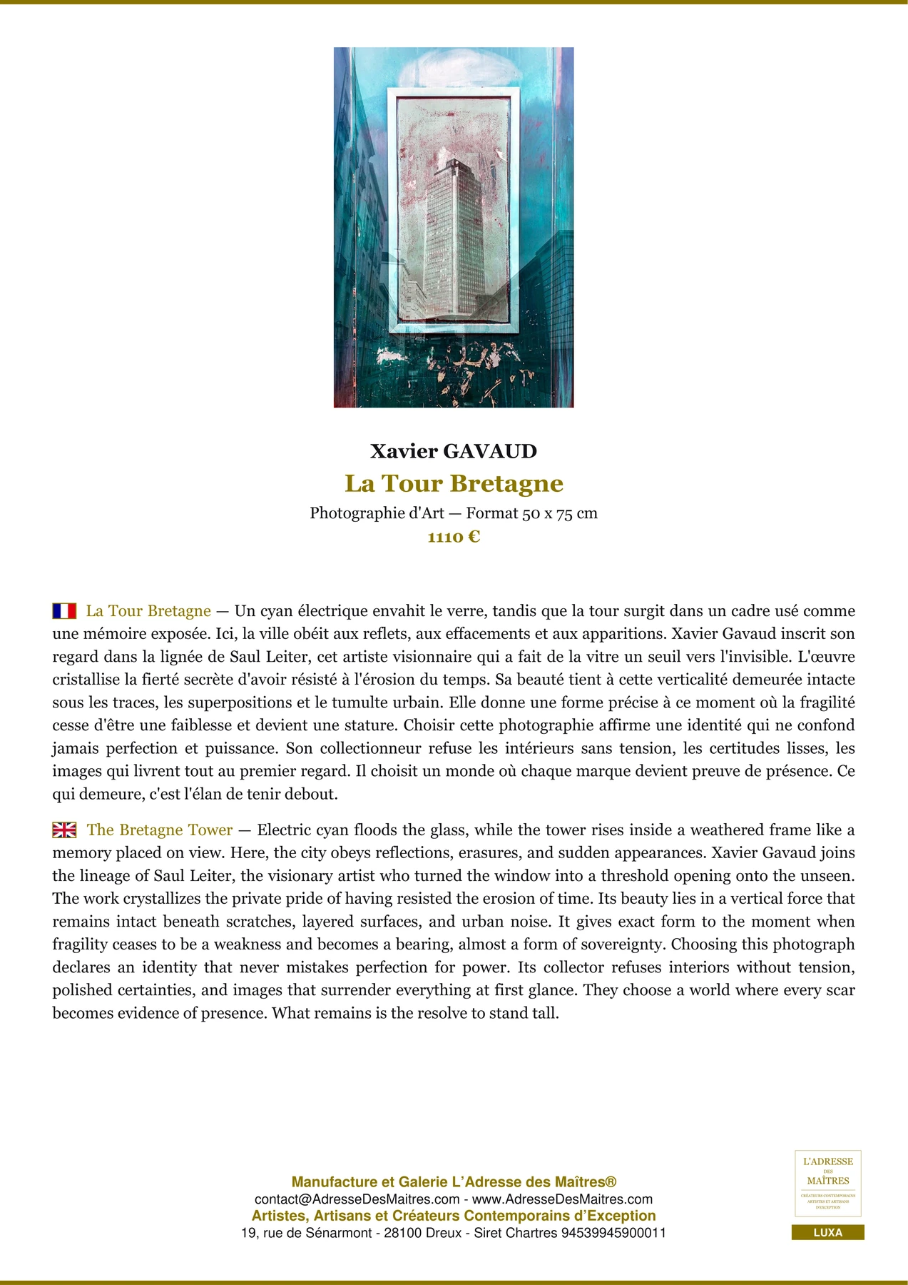 Fiche Premium - La Tour Bretagne - Xavier GAVAUD - L'Adresse des Maîtres®