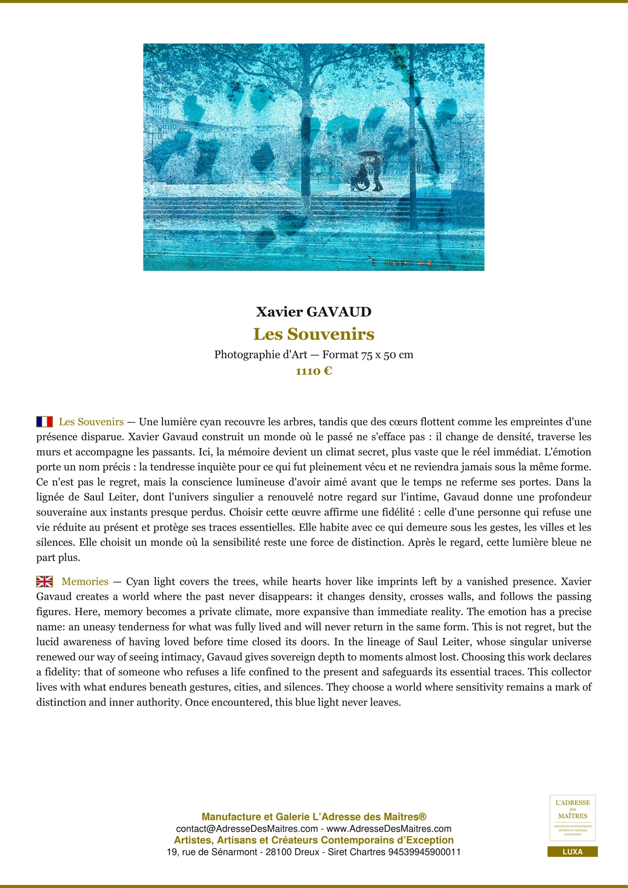 Fiche Premium - Les Souvenirs - Xavier GAVAUD - L'Adresse des Maîtres®
