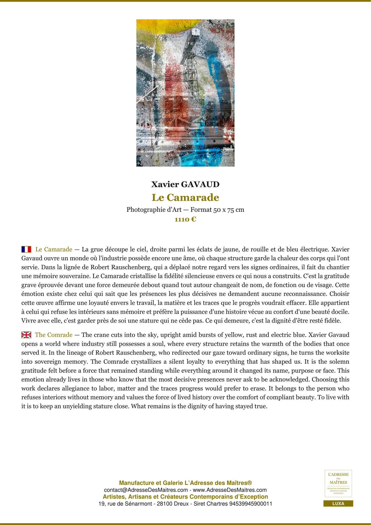 Fiche Premium - Le Camarade - Xavier GAVAUD - L'Adresse des Maîtres®