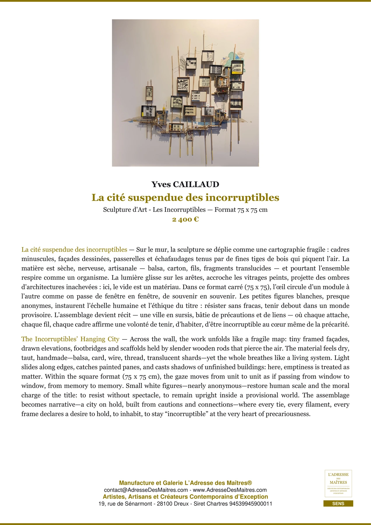 La cité suspendue des incorruptibles — Fiche Premium, Sculpture d'Art - Les Incorruptibles 75 x 75 cm, Yves CAILLAUD