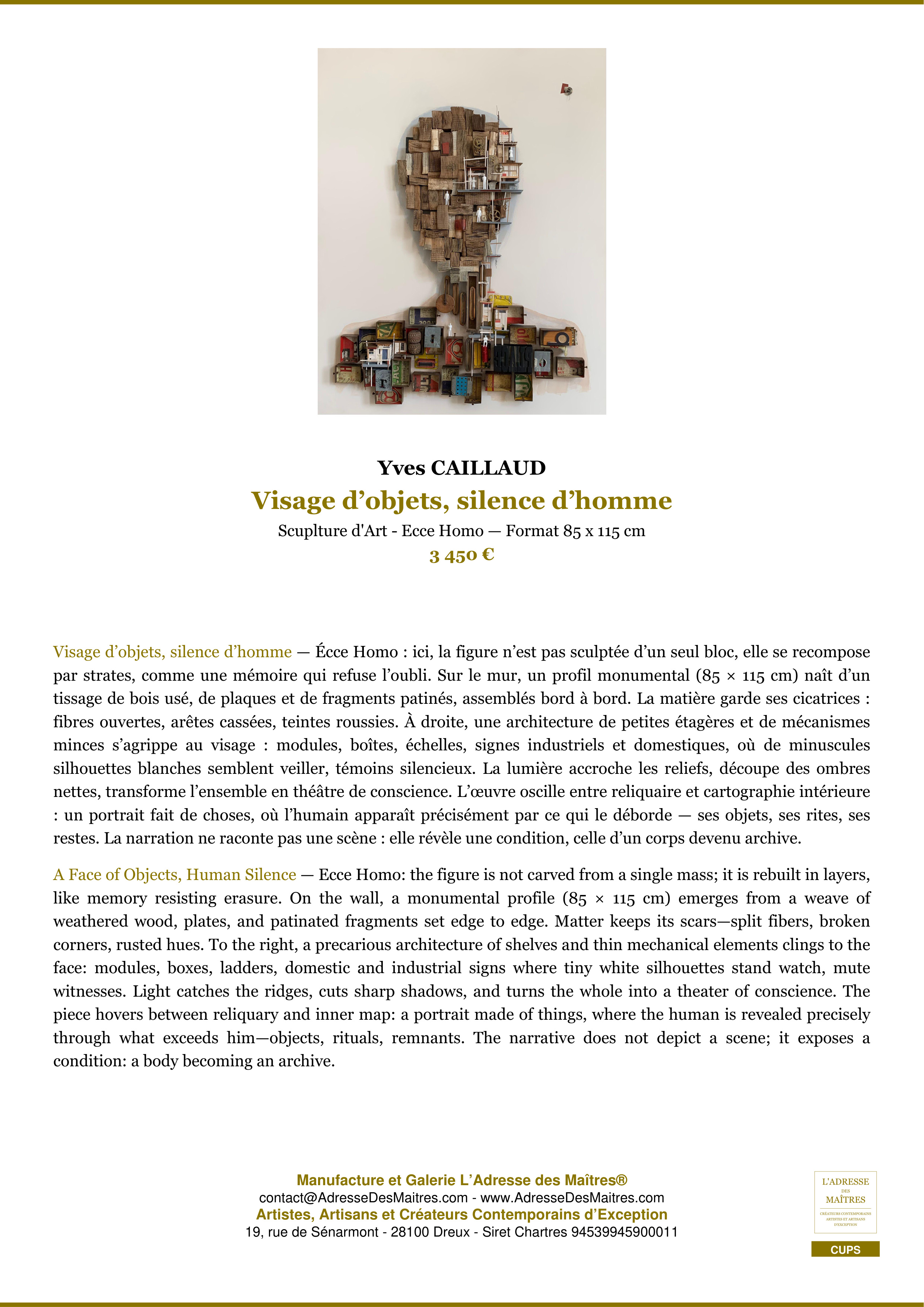 Fiche Premium — Visage d’objets, silence d’homme — Yves CAILLAUD — L'Adresse des Maîtres®