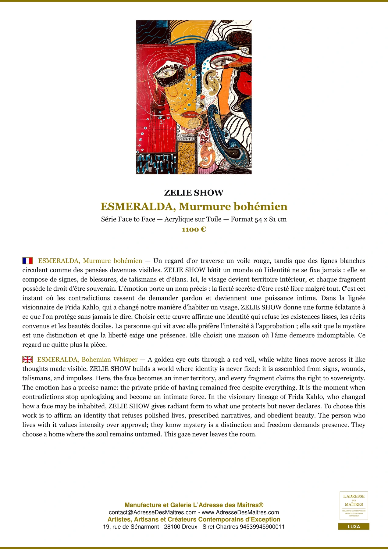 ESMERALDA, Murmure bohémien — Fiche Premium, Acrylique sur Toile 54 x 81 cm, ZELIE SHOW