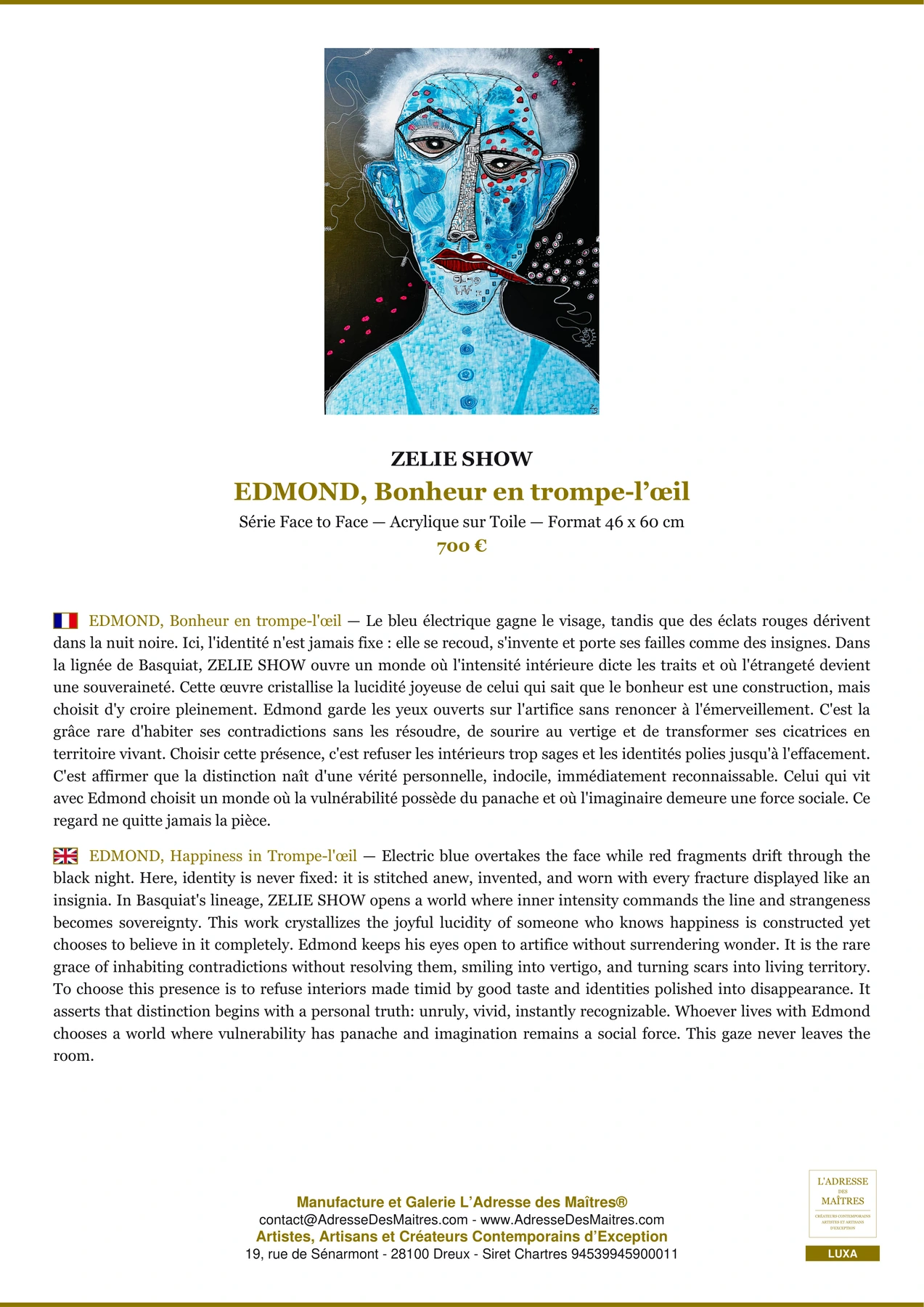 EDMOND, Bonheur en trompe-l’œil — Fiche Premium, Acrylique sur Toile 46 x 60 cm, ZELIE SHOW