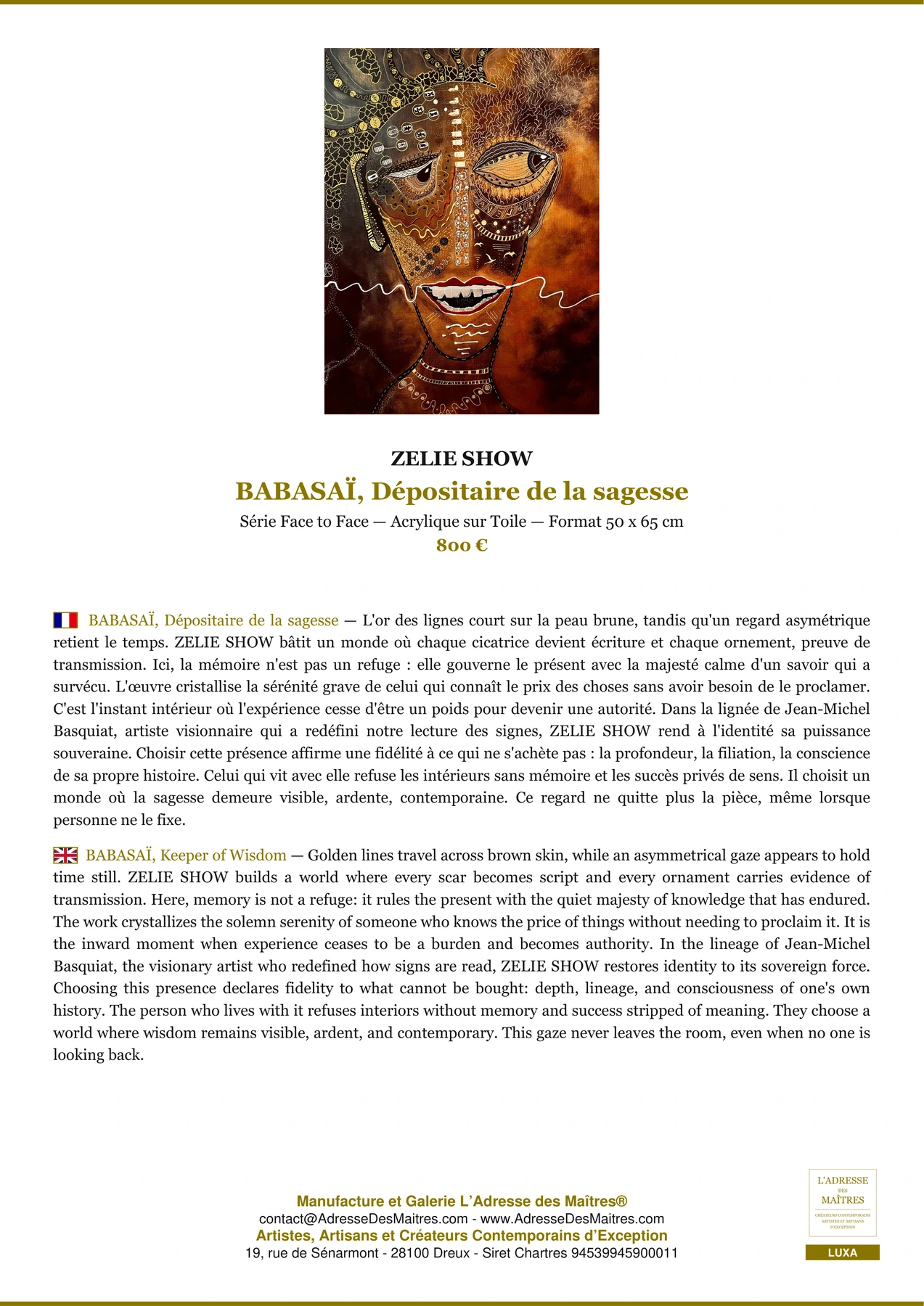 Fiche Premium - BABASAÏ, Dépositaire de la sagesse - ZELIE SHOW - L'Adresse des Maîtres®