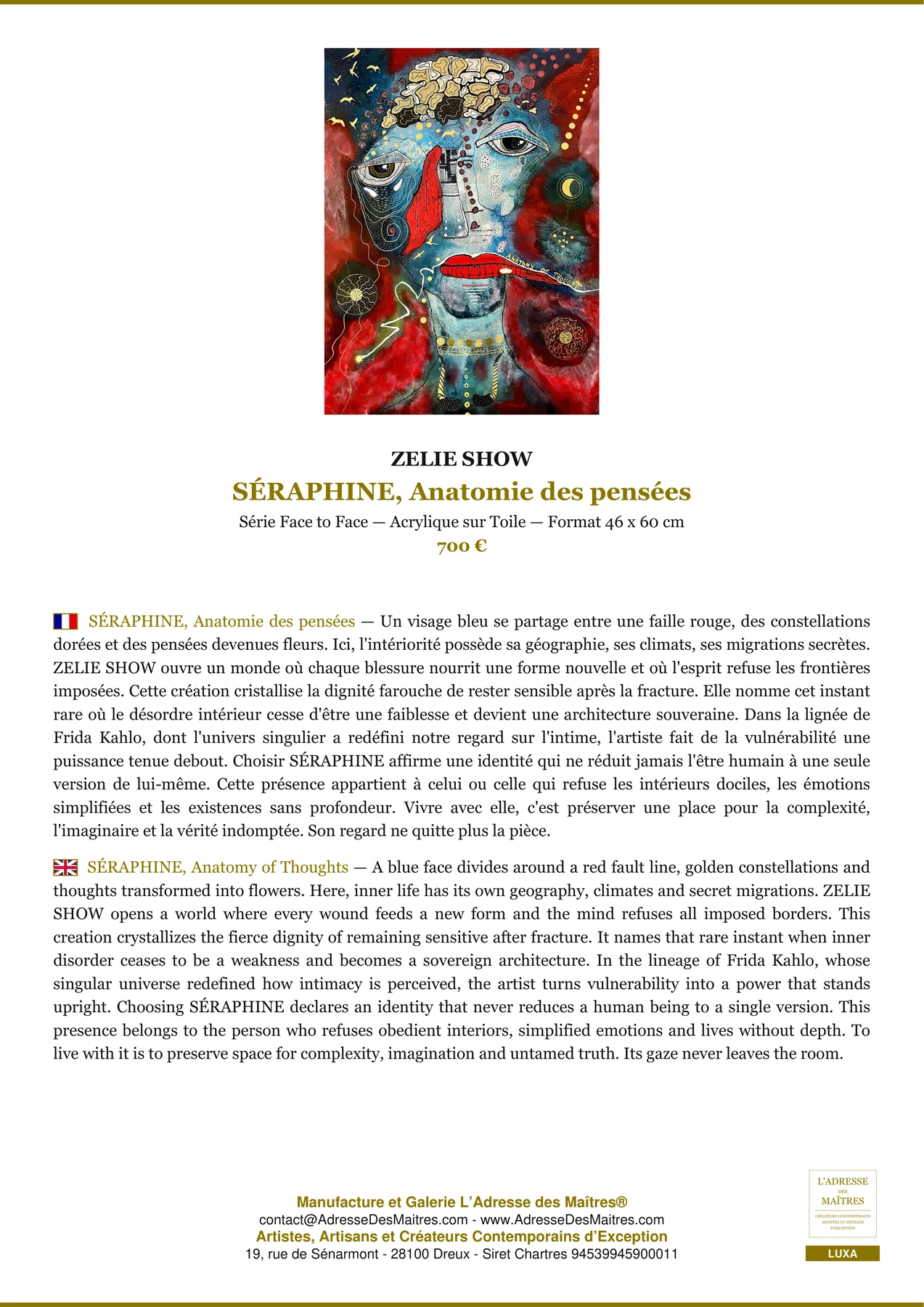 Fiche Premium - SÉRAPHINE, Anatomie des pensées - ZELIE SHOW - L'Adresse des Maîtres®