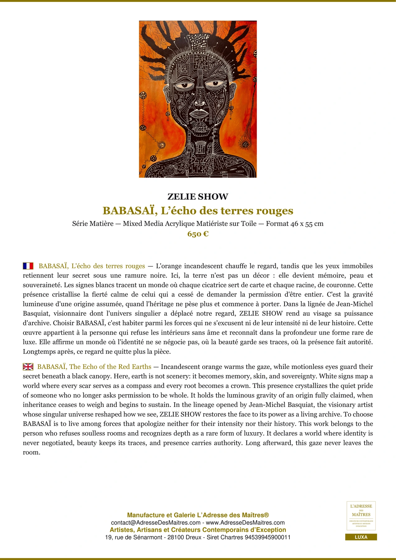Fiche Premium - BABASAÏ, L’écho des terres rouges - ZELIE SHOW - L'Adresse des Maîtres®