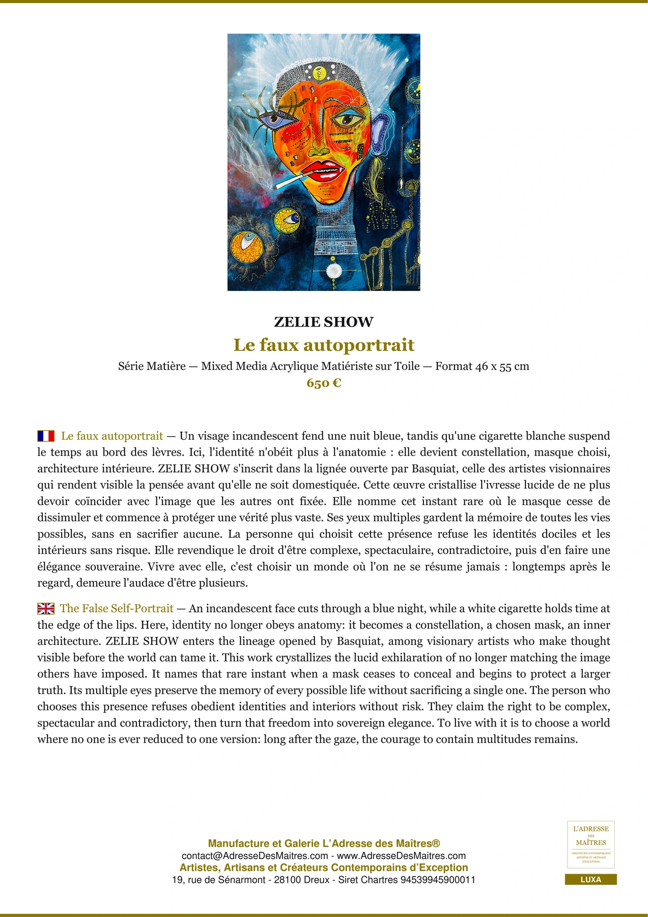 Fiche Premium - Le faux autoportrait - ZELIE SHOW - L'Adresse des Maîtres®