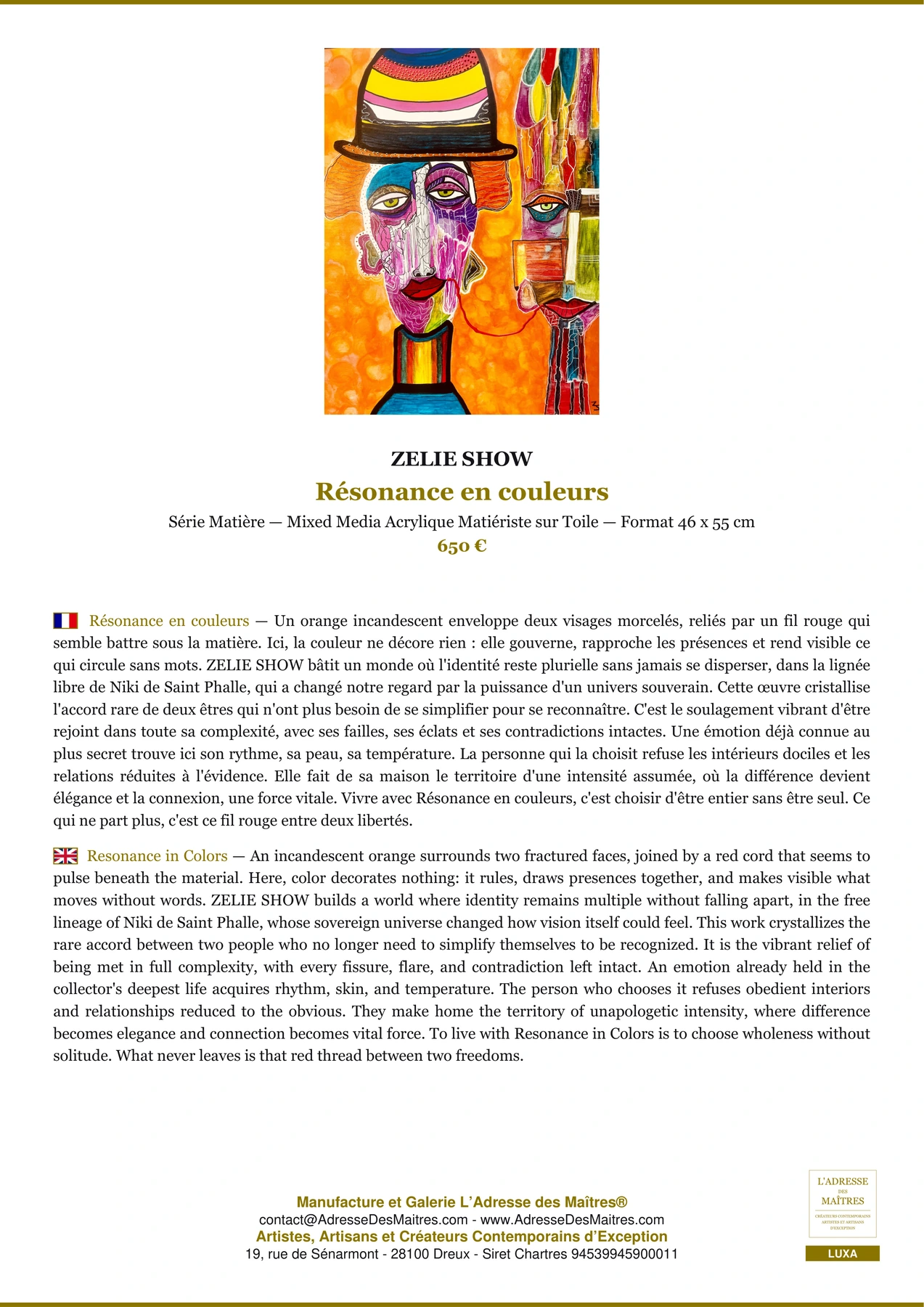 Fiche Premium - Résonance en couleurs - ZELIE SHOW - L'Adresse des Maîtres®
