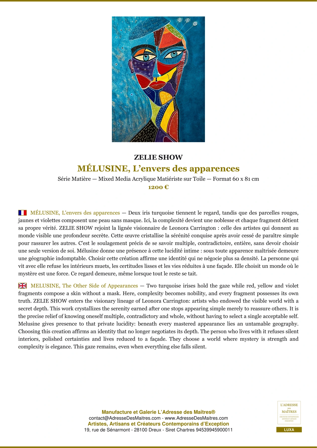 Fiche Premium - MÉLUSINE, L’envers des apparences - ZELIE SHOW - L'Adresse des Maîtres®