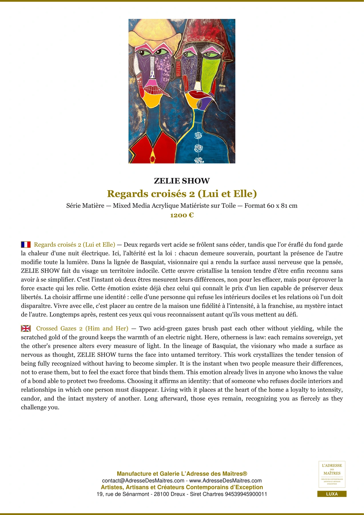 Fiche Premium - Regards croisés 2 (Lui et Elle) - ZELIE SHOW - L'Adresse des Maîtres®