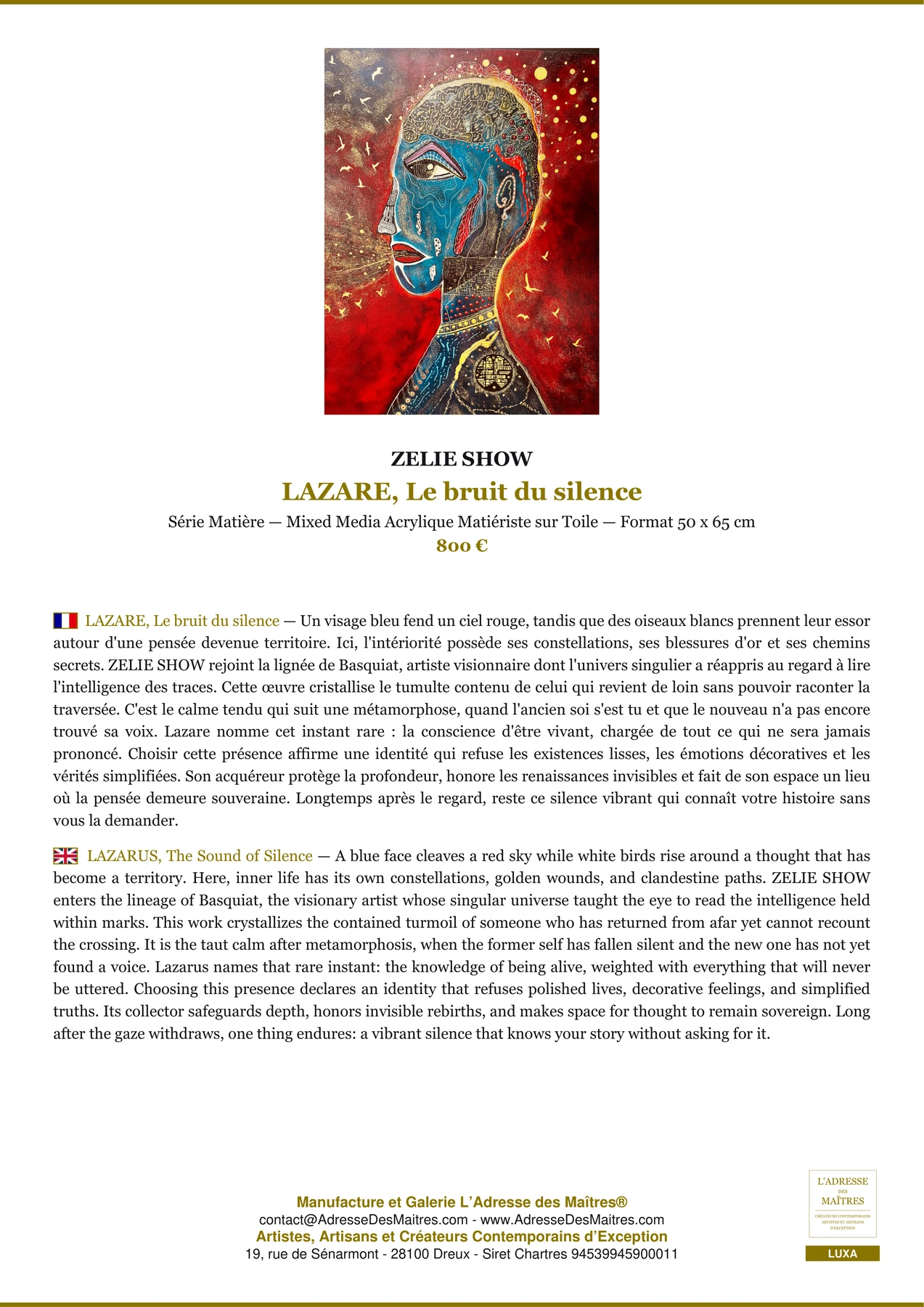 Fiche Premium - LAZARE, Le bruit du silence - ZELIE SHOW - L'Adresse des Maîtres®