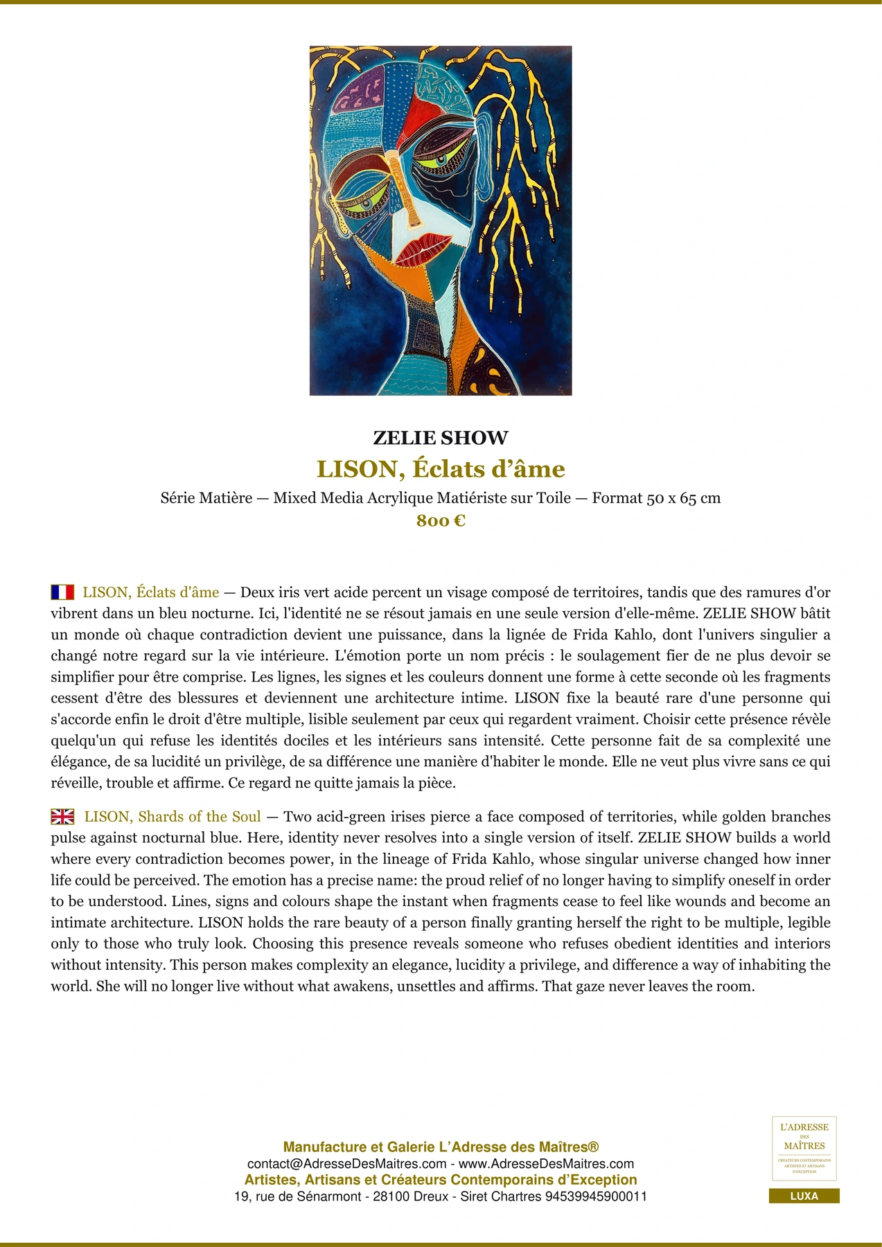 Fiche Premium - LISON, Éclats d’âme - ZELIE SHOW - L'Adresse des Maîtres®