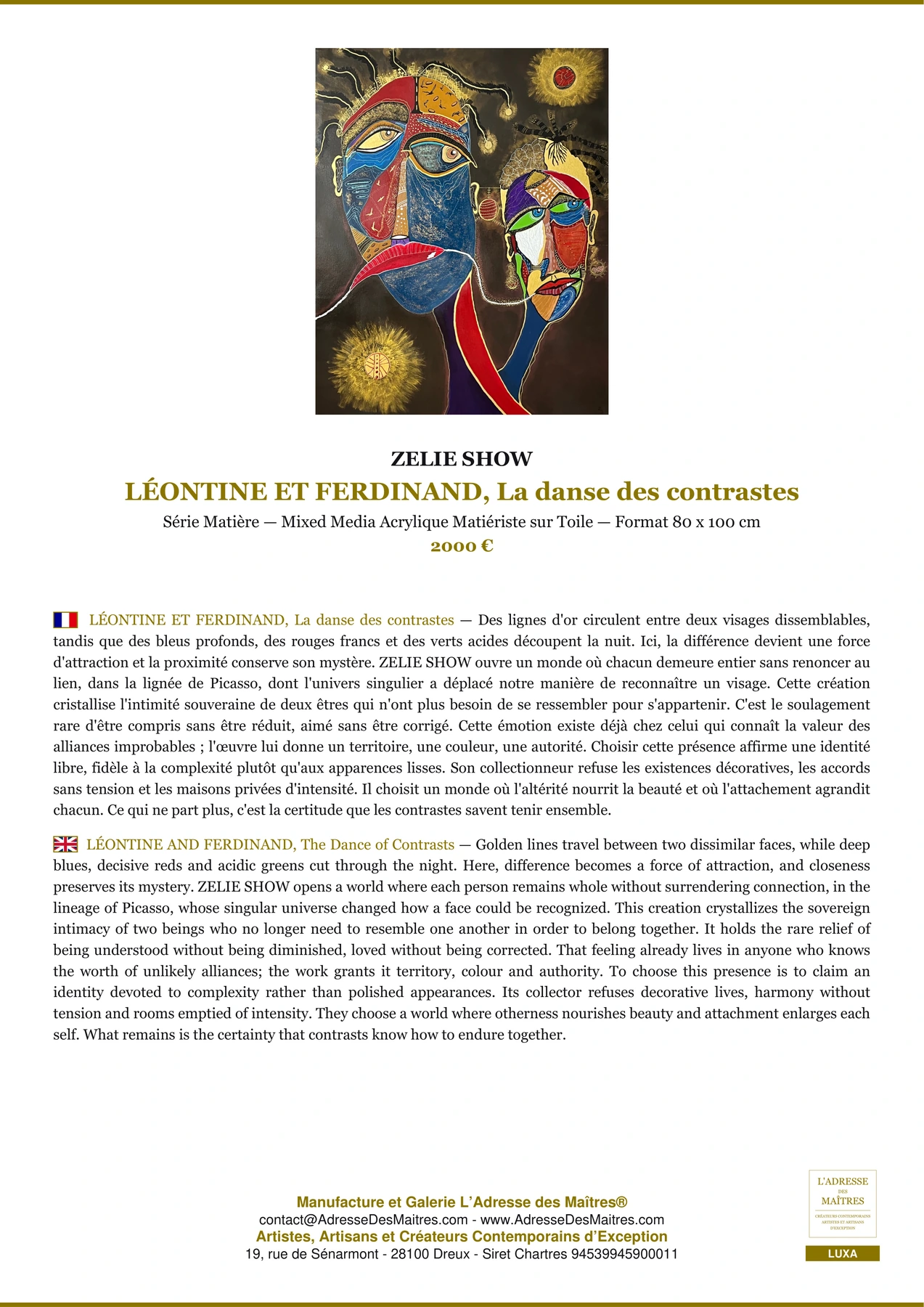 Fiche Premium - LÉONTINE ET FERDINAND, La danse des contrastes - ZELIE SHOW - L'Adresse des Maîtres®