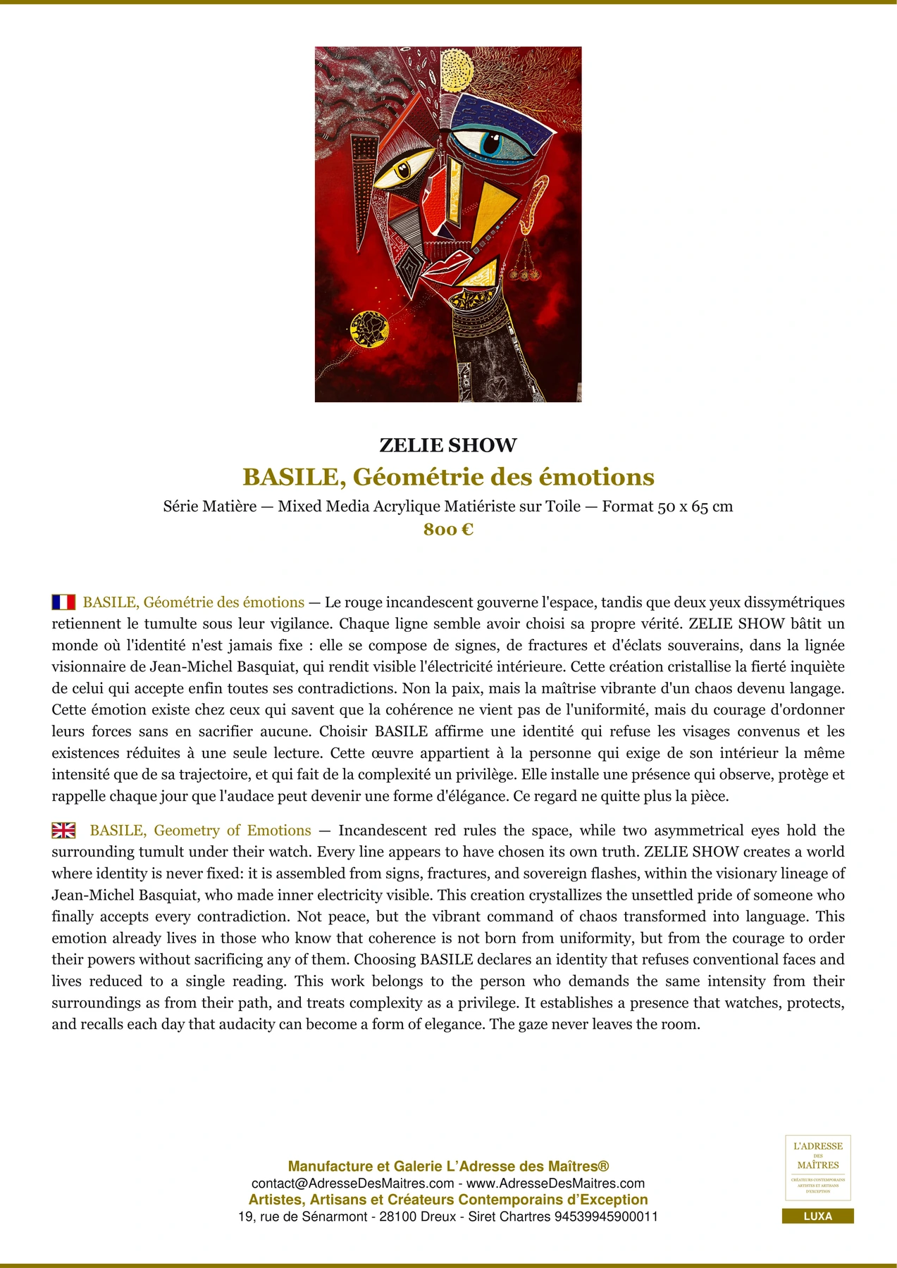 Fiche Premium - BASILE, Géométrie des émotions - ZELIE SHOW - L'Adresse des Maîtres®